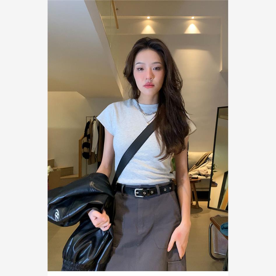 HHYB别来无恙 纯棉正肩女士t恤短袖新款圆领打底小衫修身显瘦上衣