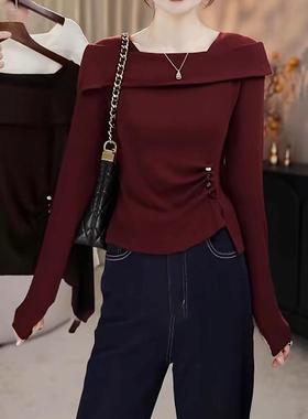 大码法式气质一字肩长袖T恤女装秋季胖MM显瘦设计感别致修身上衣