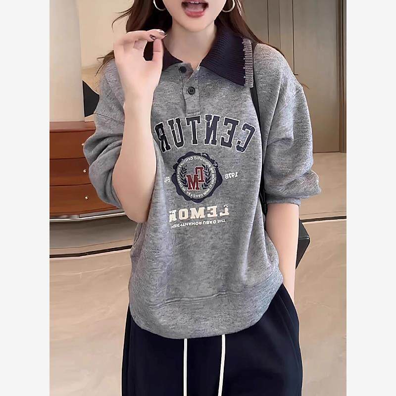 大码美式覆古字母印花翻领字母卫衣女秋季胖MM显瘦时髦撞色上衣潮