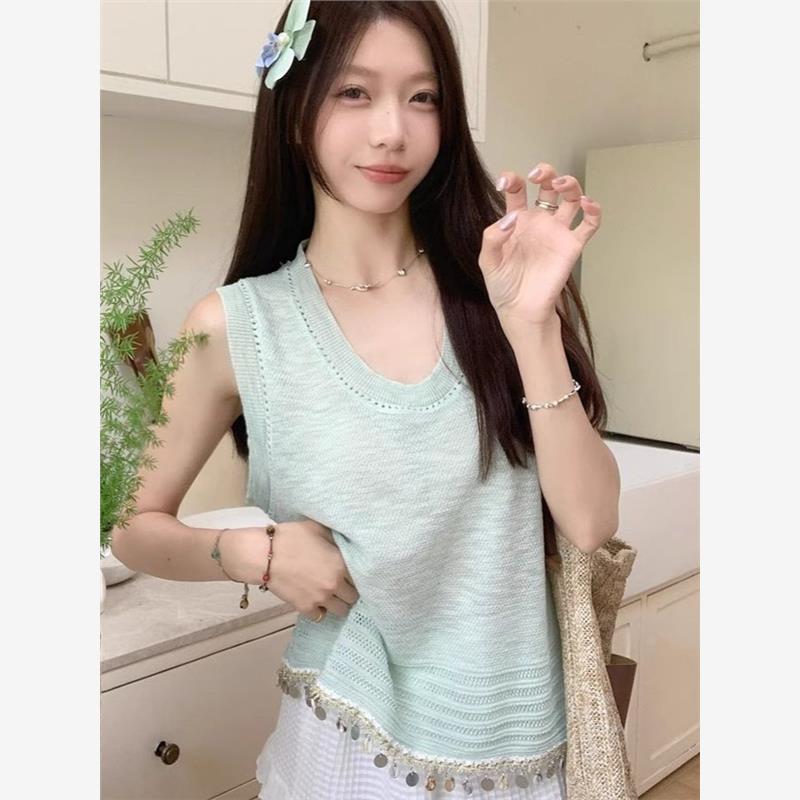薄荷绿U领流苏无袖针织背