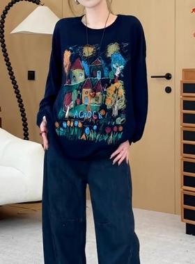 大码女装圆领内搭涂鸦长袖针织衫2025秋季微胖mm显瘦宽松打底上衣