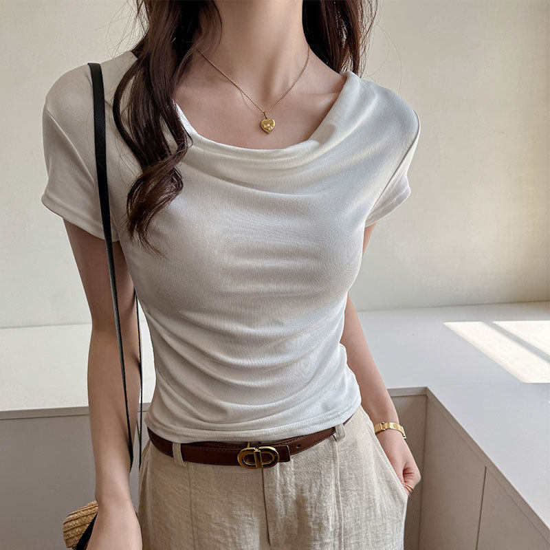 白色堆堆领短袖t恤女夏修