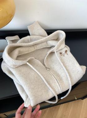 双拉炼连帽长袖针织开衫毛衣外套女2025秋冬韩系慵懒风高级感上衣