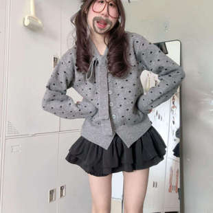 蝴蝶结系带波点针织开衫 内搭毛衣外套miu系高级感上衣 女秋冬新款