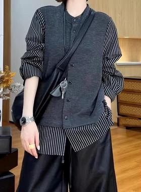 大码女装设计感假两件拼接长袖衬衫早秋新款胖mm宽松显瘦气质上衣