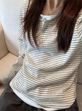 韩系覆古正肩亨利领假两件条纹长袖T恤女早秋宽松慵懒小众上衣潮