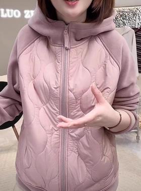 2025年秋冬新款大码胖MM百搭宽松显瘦保暖防风撞色连帽夹棉外套女