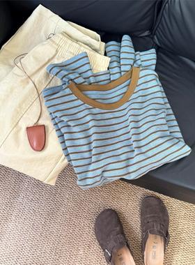 日系民宿风撞色条纹T恤女2025秋季新款宽松百搭可叠穿长袖上衣ins