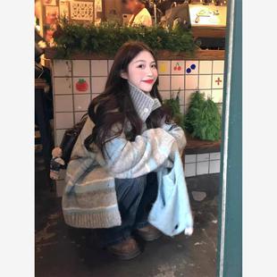 甜美和柔软的高领条纹毛衣夹克为妇女冬季新宽松苗条看全能针织开