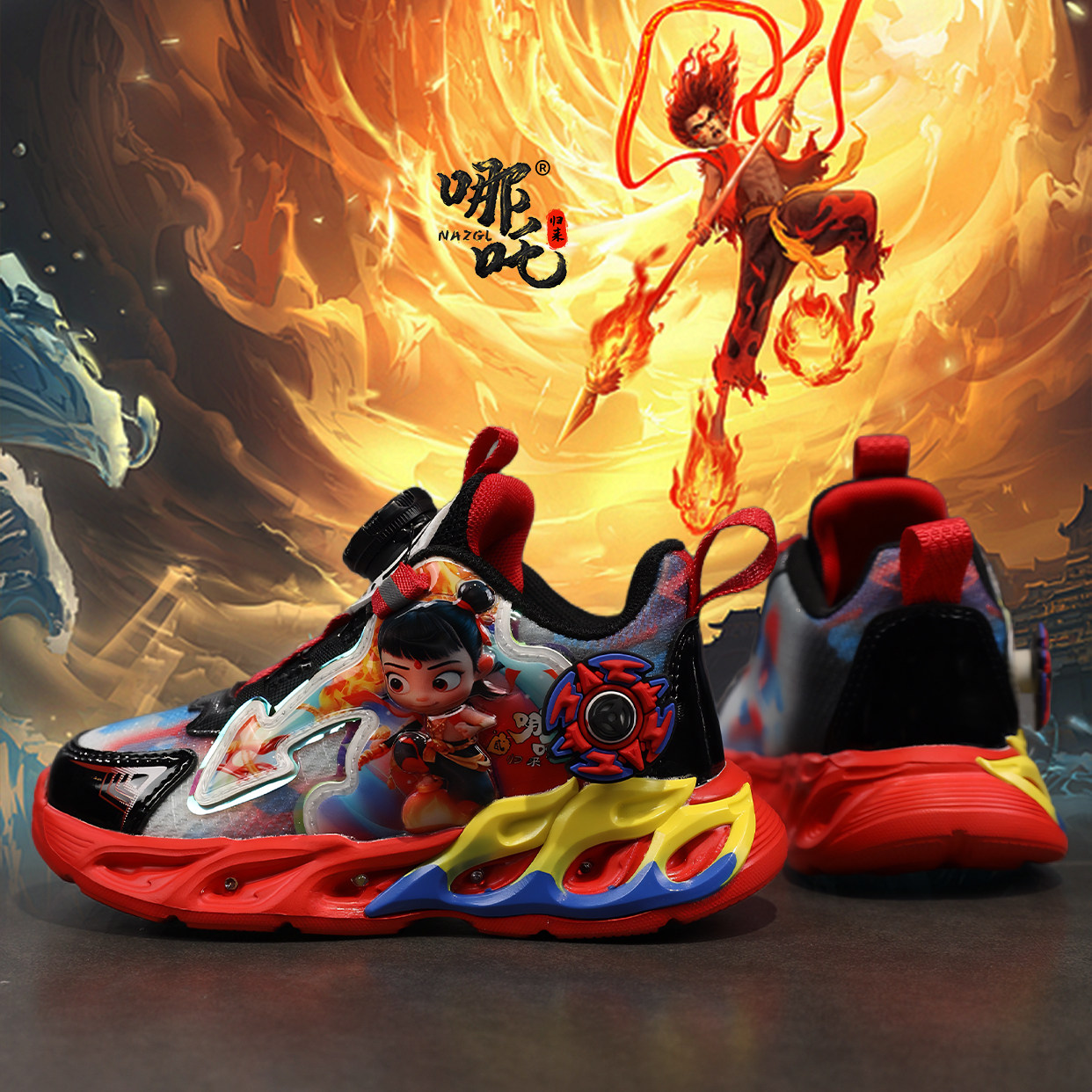哪吒归来儿童鞋2026夏季新款带灯炫酷旋转纽扣正品国潮时尚运动鞋