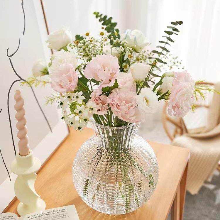 北欧玻璃花瓶透明 竖纹 创意客厅插花玫瑰百合家用装饰摆件