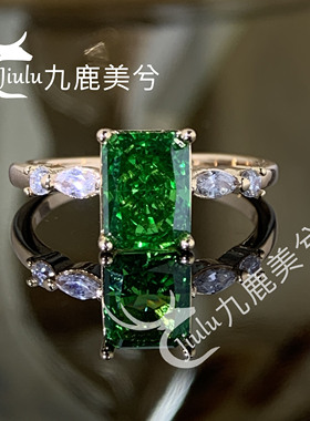 高级闭口冰花切钻戒2克拉雷迪恩翠绿18K金戒指镶嵌6*8培育高碳钻
