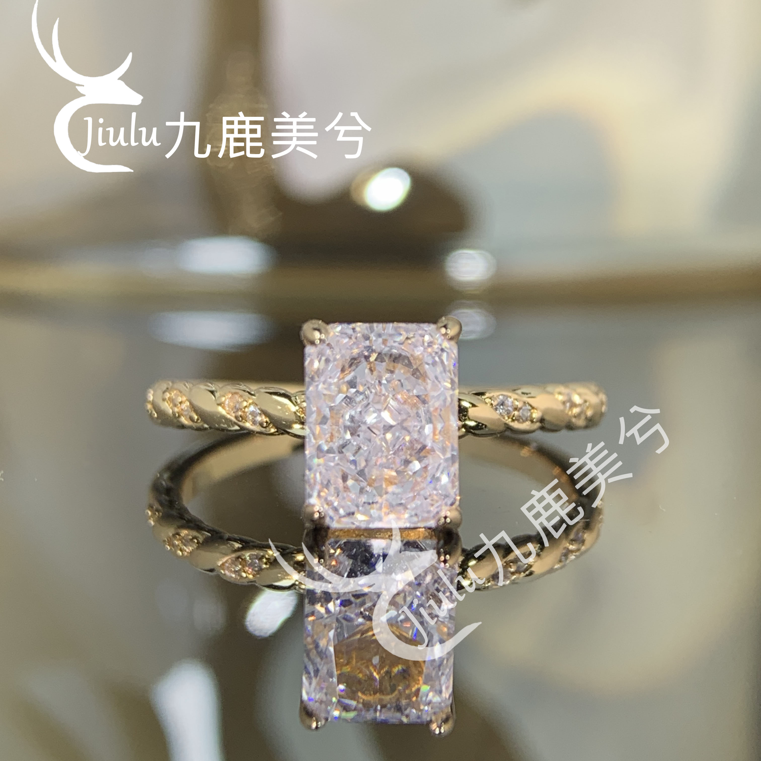培育冰花切2克拉雷迪恩爆闪白戒指厚镀18K金镶嵌6*8长方钻戒彩宝