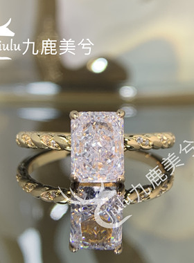 培育冰花切2克拉雷迪恩爆闪白戒指厚镀18K金镶嵌6*8长方钻戒彩宝