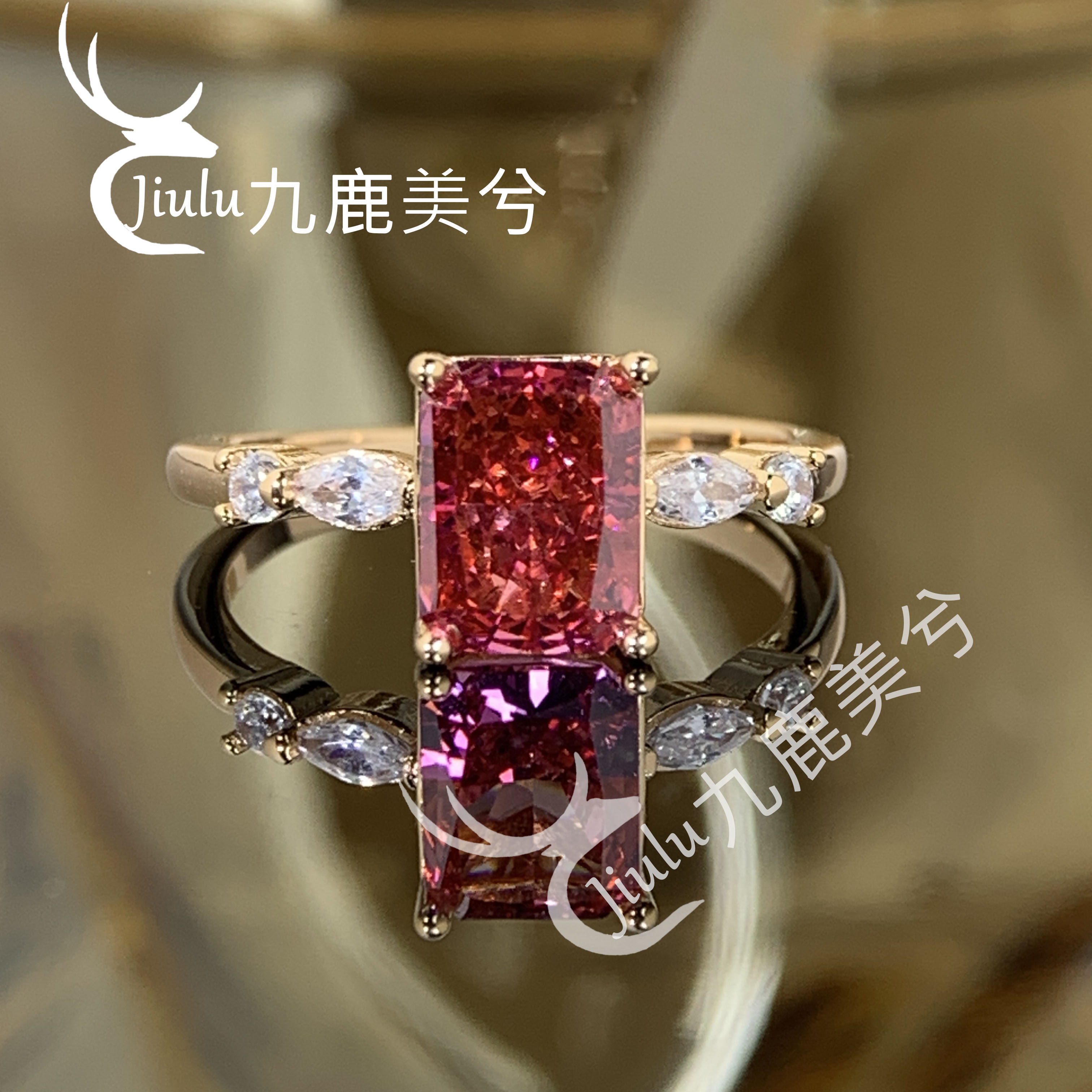 高级闭口冰花切钻戒2克拉艳血红雷迪恩18K金戒指镶6*8培育高碳钻