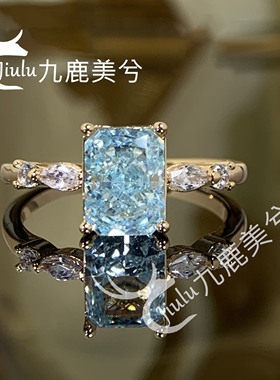 高级闭口冰花切钻戒2克拉雷迪恩天空蓝18K金戒指镶6*8培育高碳钻