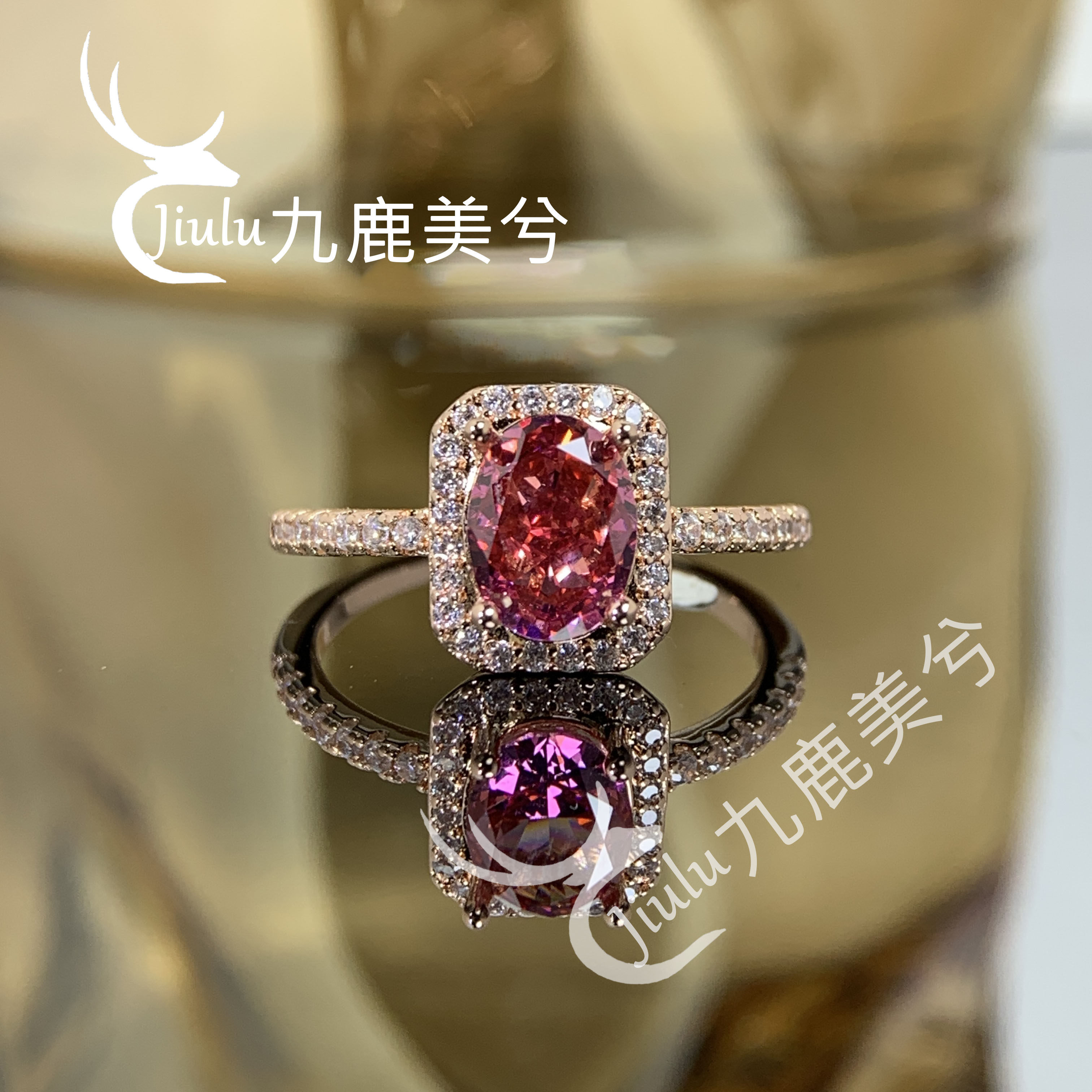 高级感玫瑰金闭口戒指2克拉艳血红冰花切钻18K金镶6*8培育高碳钻