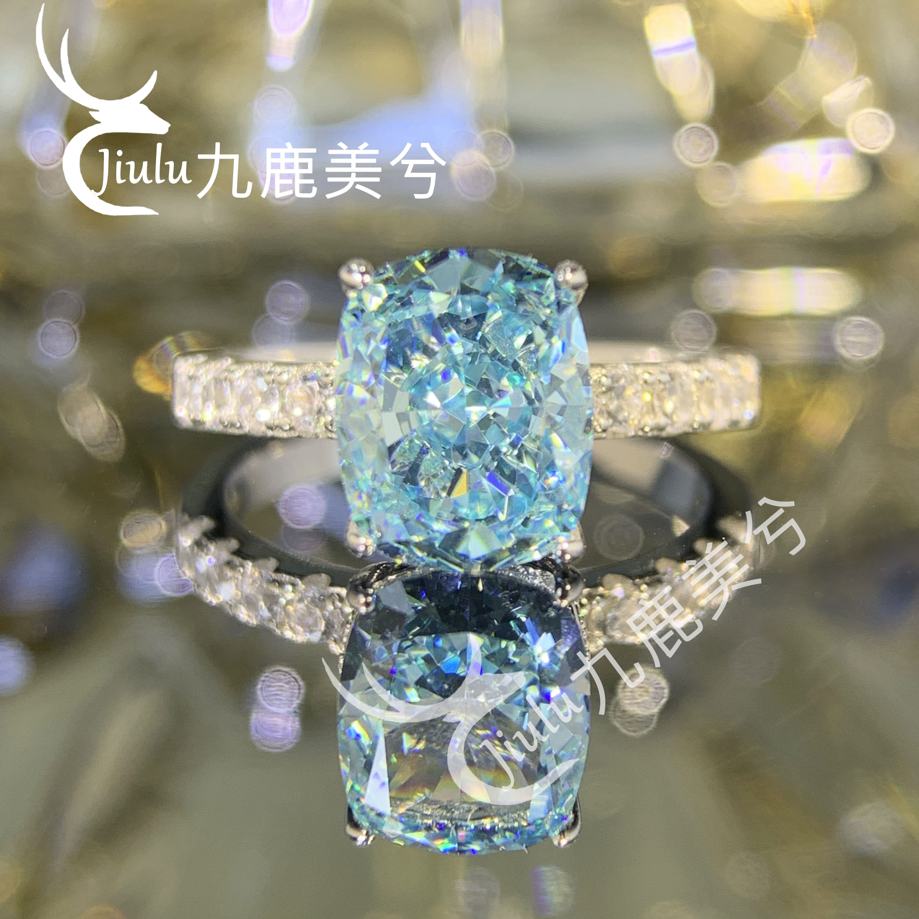 4.5克拉培育高碳钻冰花切 浅海蓝 精工厚镀18K白金戒指8*10肥长方