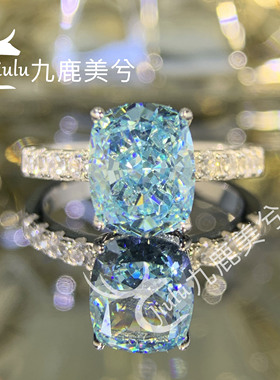 4.5克拉培育高碳钻冰花切 浅海蓝 精工厚镀18K白金戒指8*10肥长方