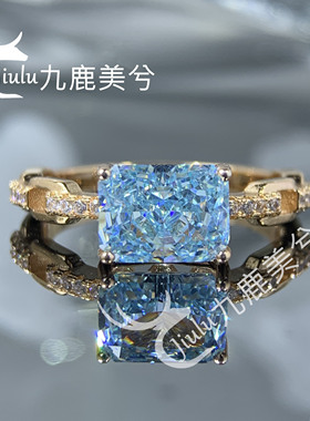 不掉色 厚镀18K金戒指天空蓝2克拉雷迪恩冰花切培育高碳钻6*8长方