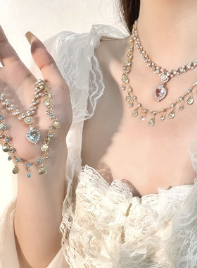 【宝石兽家】24新款轻奢复古重工女粉蓝色珍珠贝母双层项链锁骨链