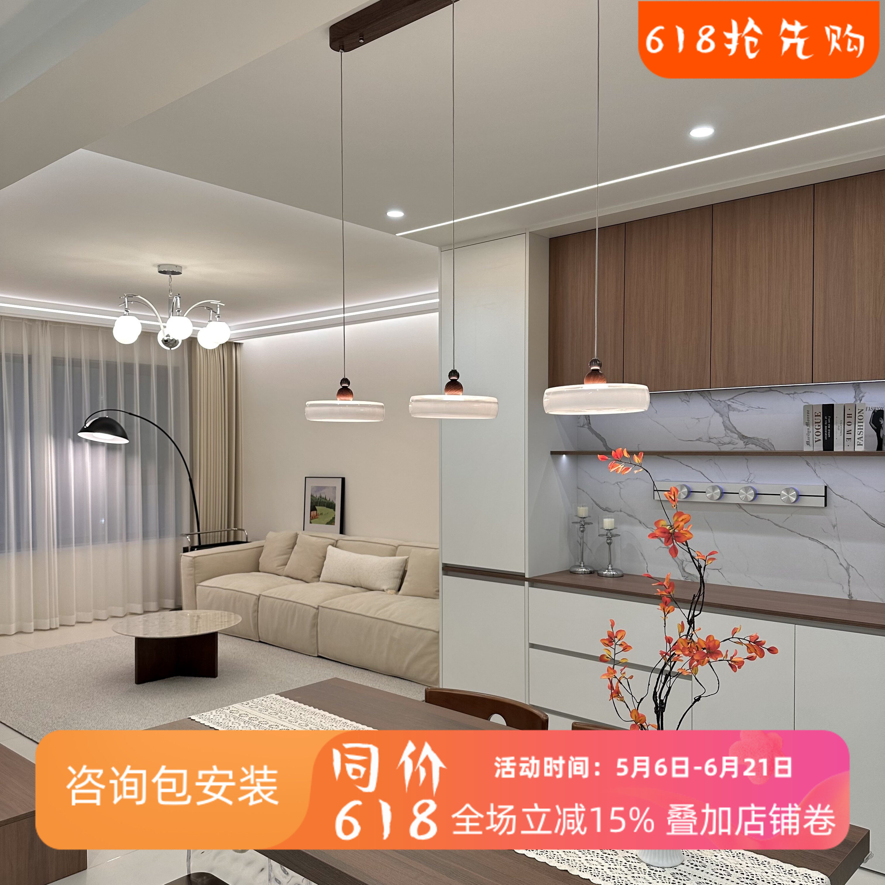 中古风香槟三头餐厅吊灯简约现代奶油餐桌岛台饭厅吧台灯新款主灯