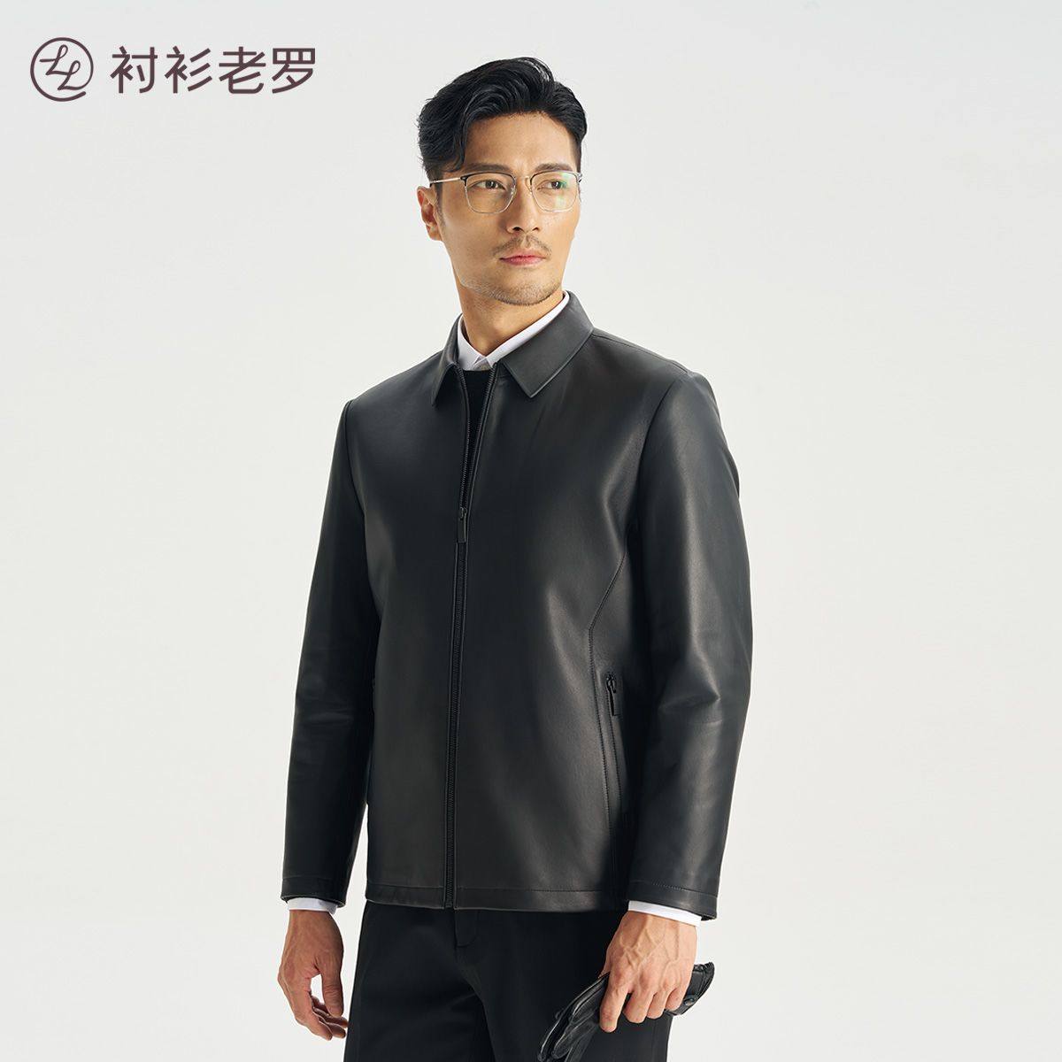 衬衫老罗【门店同款】羊皮革翻领皮衣时尚帅气拉链外套247X0L5