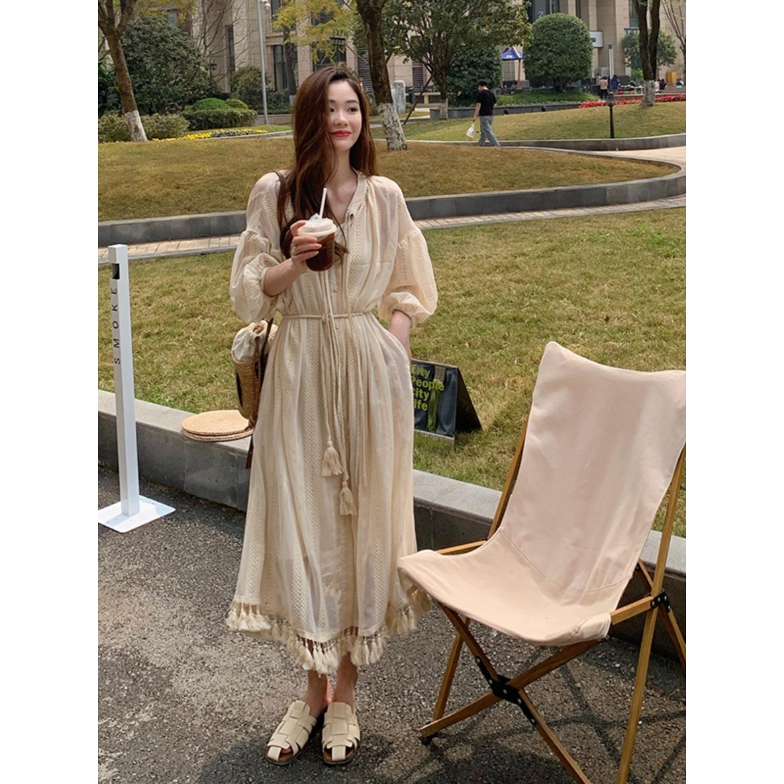 lazyz studio设计师自制工作室法式流苏米色开衫连衣裙女防晒罩衫