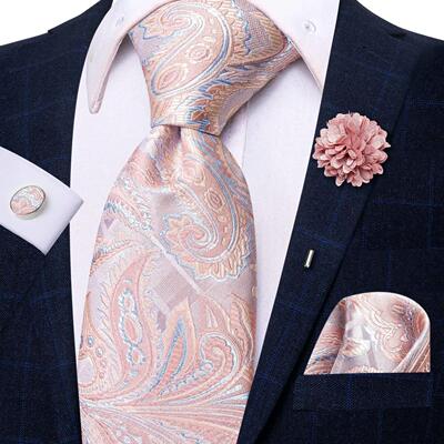 Paisley Pink Necktie With Brooch Silk Elegent Wedding Tie Fo