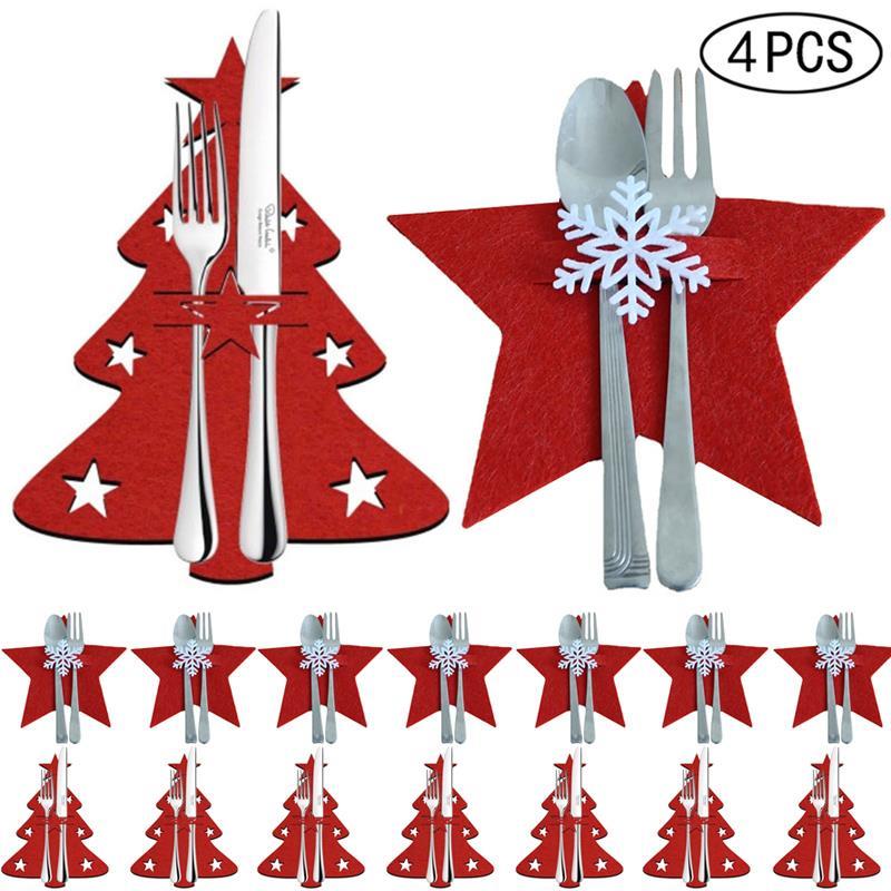 4pcs Xmas Cutlery Bag Pocket Christmas Tree Stars Snowflake