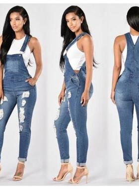 fashion women braces ripped jeans jumpsuit women pants背带裤