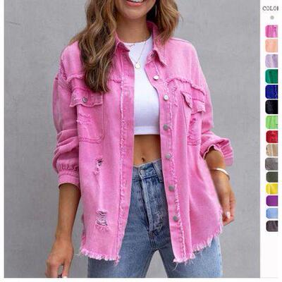 Ragged and torn denim jacket top中长款毛边长袖休闲翻领上衣