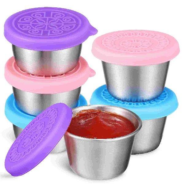 6 Pcs 304 Stainless Steel Sauce Cup with Silicone Lid 6pcs