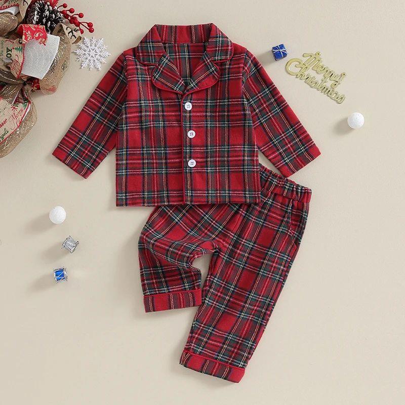Toddler Kids Boys Girls Christmas Pajama Sets Red Plaid Long