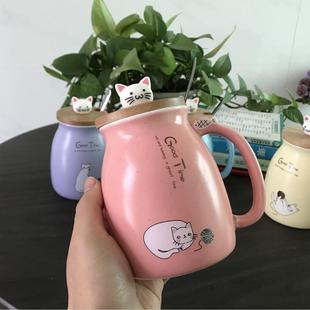 可爱猫咪马克杯水杯创意陶瓷带盖勺情侣办公室家用男女喝水杯 日式