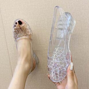 透明水晶鞋 女防滑清凉软底鞋 女夏季 果冻鞋 坡跟度假沙滩鞋 跨境爆款