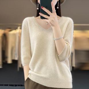 T恤上衣毛针织打底衫 一线成衣V领羊毛衫 短袖 女100羊毛短袖 薄款