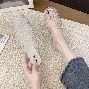 塑料软底包头凉拖鞋 韩国水晶鞋 超软低跟沙滩办公室包头凉拖果冻鞋