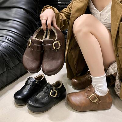 厚底勃肯鞋女2025新款冬季皮面防水复古全包加绒软底乐福博肯棉鞋