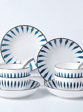 日式禾风16件餐具套装4碗4盘4勺4筷子家用精致的陶瓷碗筷蓝色花纹