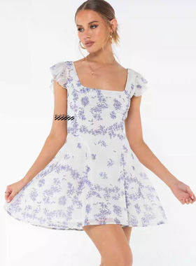 国现速发 Princess Polly 荷叶边蓝色碎花方领弹力收腰迷你连衣裙