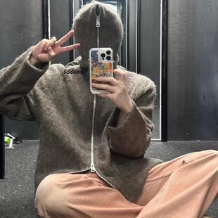 断码5折 OUR LEGACY灰棕色马海毛宽松拉链连帽上衣慵懒开衫外套女