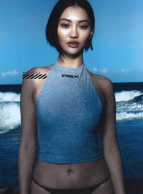 【国现】 prix 灰色螺纹挂脖无袖背心上衣 logo刺绣T恤露背辣妹款