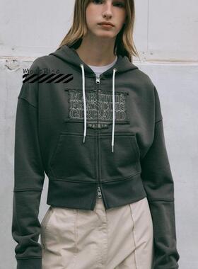 正品 Marithe学院派字母贴布宽松双头拉链连帽卫衣车静媛同款外套