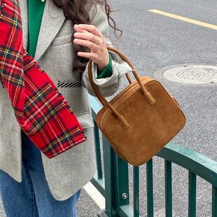 限时折6折 Lerobe美娜家经典复古鹿皮小方包牛皮托特包手提便当包