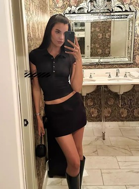 国现速发 Tankair 黑色polo领T恤翻领系扣短袖纯棉弹力短款上衣