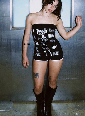 【国现正品】Deadly doll 街头辣妹漫画印花修身弹力抹胸连体短裤