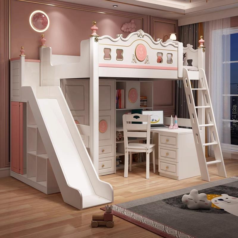 上床下桌儿童床女孩交错式上下铺床书桌衣柜组合床上床下柜下空