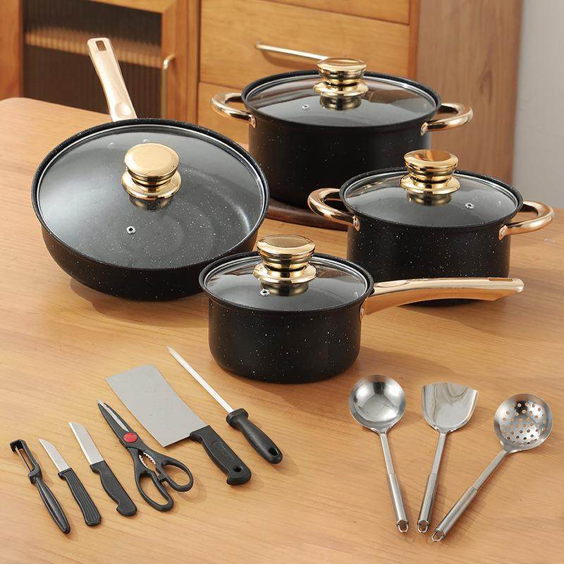 跨境货源麦饭石奶锅汤锅不粘锅 烹饪锅具套装礼品锅八件套电磁炉