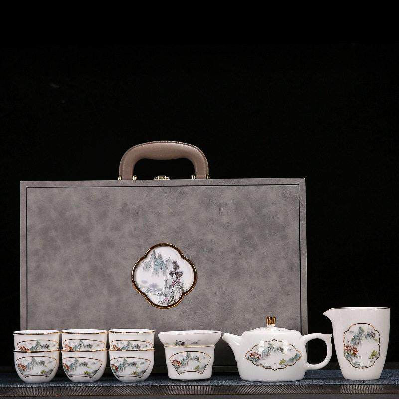大套羊脂玉茶具套组山水花窗陶瓷盖碗茶壶地产银行档礼品可logo